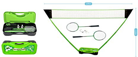 PLAY4FUN Conjunto de Bádminton Completo con Red 95 x 38 x 154 cm, Raquetas, Volantes, Caja de Almacenamiento Verde