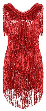 Agoky Damen Ärmellos Pailletten Kleid V-Ausschnitt Glitzer Quasten Partykleid Flapper Kostüm Tanzkleid Samba Tango Latein Outfits Rot L