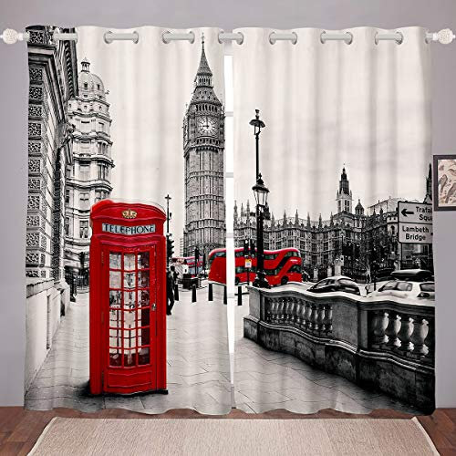 Tbrand London Stadt 3D Drucken Vorhänge Rot Telefonzelle Fenstervorhang Microfaser Grau Modern City Landschaft Blickdichte Vorhänge Kinder Mädchen 175x140cm