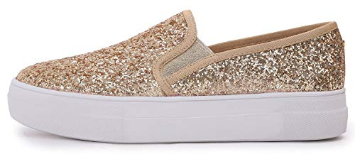 Feversole Women's Fashion Slip-On Trainer Casual Flat Loafers Skater Pumps Trainers Sneakers Shoes Gold Glitter Size 5