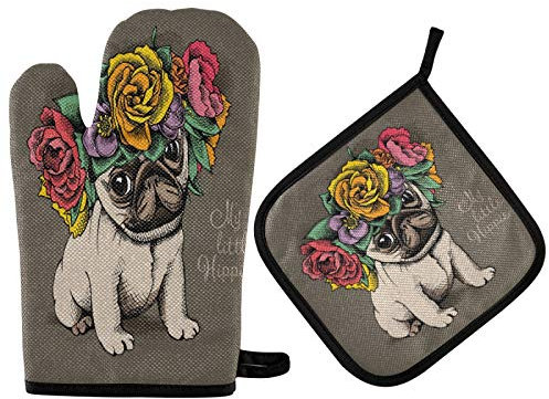 Mnsruu Hippie Mops Welpe mit Blume Ofenhandschuh und Topflappen Set, hitzebeständiger Küchenhandschuh zum Kochen, Backen, Grillen, Grillen