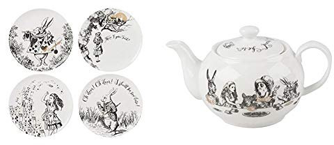 Inconnu Victoria & Albert Alice au pays des merveilles Assiettes à dessert, Blanc, Lot de 4 & Victoria & Albert Alice au pays des merveilles Mini Théière, Blanc
