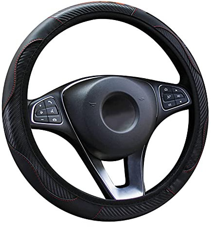 LMYDIDO Auto-Lenkradbezug, Leder, rutschfest, atmungsaktiv, Karbonfaser, Sport, elastisches Band ohne Innenring, Lenkradbezug, Universalgröße 37–39 cm (14,5–15 Zoll) (schwarz)