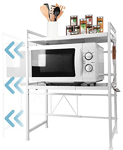 ABCOOL Support Étagère de Four à Électrique Micro-Ondes de Cuisine Rétractable, Comptoir de Comptoir en Acier au Carbone Extensible et Réglable en Hauteur à 3 Niveaux avec 3 Crochets à Pince