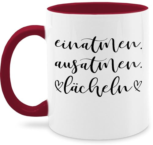 Tasse Tassen 325ml - Statement Sprüche - Einatmen Ausatmen Lächeln - 325 ml - Bordeauxrot - positiver spruch spruchtasse sarkasmus inhale kaffetassen positive spruchtassen spruechen exhale