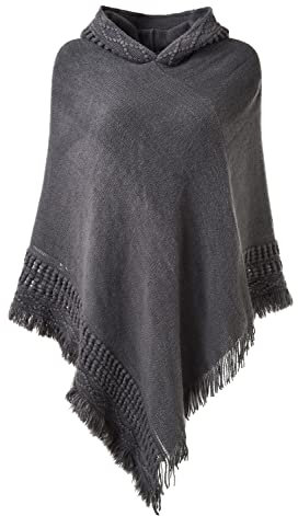 Ferand Damen Poncho mit Kapuze und gehäkeltem Cape mit Fransensaum für Herbst Winter - One Size - Grau