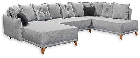 PAMPLONA Wohnlandschaft in U-Form, Silber / Anthrazit - Ausziehbares Sofa mit Schlaffunktion und Bettkasten - 338 x 91 x 212 cm (B/H/T)