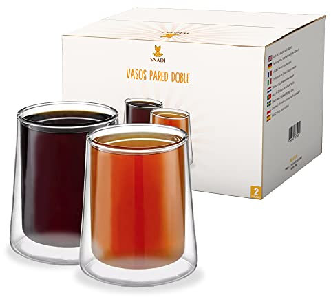 Snadi Pack de 2. Vasos de doble pared (340 ml), cristal de borosilicato transparente. Tazas de vidrio. Café Leche Té Latte Macchiato Chupitos. Lavavajillas OK