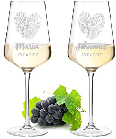 Leonardo Weißweingläser Weinglas 2er-Set 560 ml mit Gravur - Motiv Herz Fingerabdruck - personalisiert - Kristallglas - Jahrestag, Hochzeit - Mann, Frau, Paar - Wine, Glass