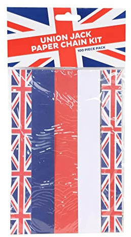 200Pk Union Jack Paper Chains - British Party Kings Coronation Celebrations Supplies Decorations Red White Blue British Flag Self Adhesive Strips