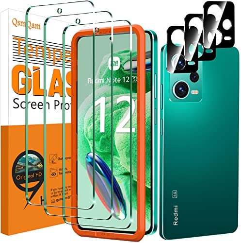 QsmQam 3 Piezas Protector de Pantalla para Xiaomi Redmi Note 12 5G (Incompatible 4G) con 3 Piezas Protector de Lente de Cámara, Ultra HD Cristal Templado, Dureza 9H, Anti Arañazos, Sin Burbujas