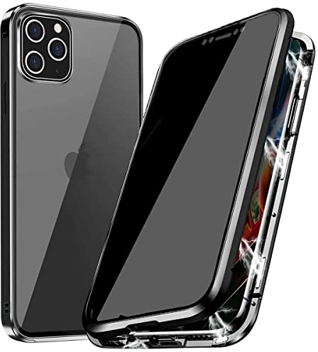 PingGoo Privacy Magnetic Case for iPhone 12 Mini, Anti Peep Tempered Glass Full Body Case, Front & Back 9H Tempered Glass, Privacy Screen Protector Metal Frame Anti Spy Case Cover, Black