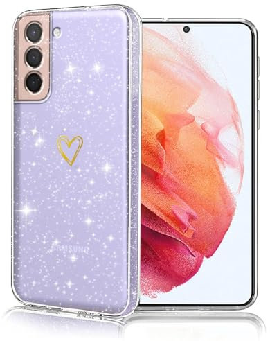 Coqinen Klar für Samsung Galaxy S21 Hülle, Herz Muster Silikon Handyhülle mit Glitzer, Dünne Kratzfeste Stoßfest Schutzhülle für Frauen und Mädchen, Transparent