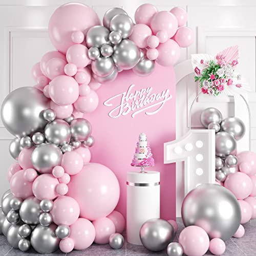 Ghirlanda di Palloncini Rosa Argento, 100 Pezzi, Colore Argento Metallizzato, Rosa, con Lattice Rosa, Metallizzato, Argento, per Compleanno, Matrimonio, Baby Shower, Addio al Nubilato, Decorazione