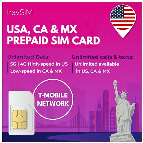 travSIM USA, Canada Mexico SIM Karte | T-Mobile-Netzwerk | 50 GB Daten für die USA, 5 GB für Kanada und Mexiko | Unbegrenzte Inlandsgespräche und SMS | Gültig für 30 Tage