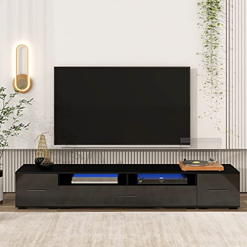 BAMACAR LED Stand TV 85 Inch Black LED TV Stand For 90 85 80 75 70 Inch TV, LED TV Stand For Living Room LED Entertainment Center with Storage, 90 Inch TV Stand with LED Lights 85 Inch TV Stand Modern