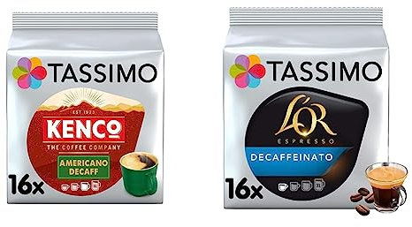 Kenco Tassimo Compatible Coffee Pods (Pack of 5, Total 80 Drinks) - Medium-Dark Roast Decaf Americano & L'OR Espresso Decaffeinato (Pack of 5, Total 80 Drinks) for Tassimo Coffee Machines