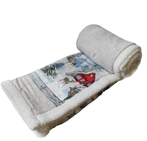 INTRECCI Coperta Plaid in Micropile, Coperta Pile con Pelliccia, Plaid per Divano, Calda, Morbida, 200x220cm, Fantasia Natalizia con Renne e Casette, Facile da Lavare, Resistente