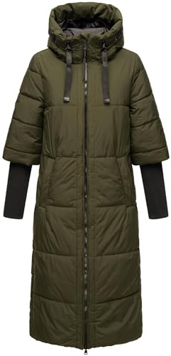 Navahoo Damen langer Wintermantel warmer Steppmantel mit Kapuze und Rippstrickärmeln Ciao Miau XIV Dark Olive Gr. XL