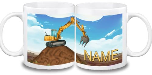 Kinder Tasse mit Name/Farbwahl Tasse + Schriftwahl für Name + Keramik oder Kunststoff (Bagger)