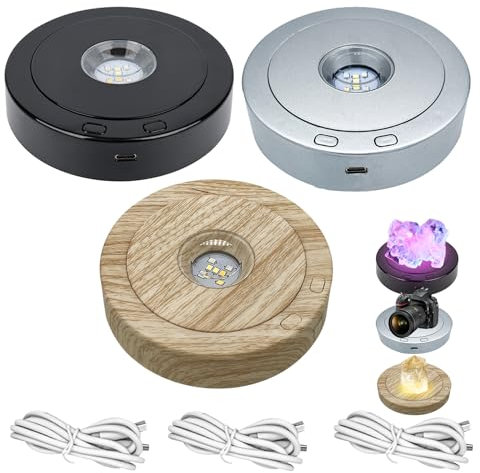 QENETY Rotierender LED-Display-Ständer, buntes weißes Licht, drehbarer USB-Display-Sockel, LED-Lichtsockel mit 4 drehbaren und 8 Lichtmodi, für Kristall-Glaskunst (3 Stück)