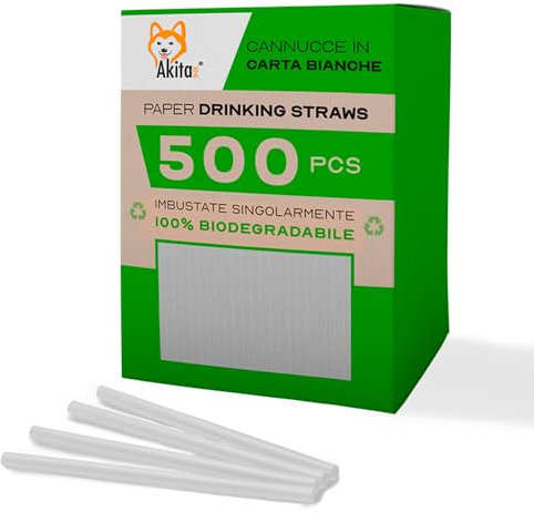 Akitaink [500 pezzi - 20 cm - 6mm] Cannucce per cocktail nere in carta | Confezione da cannucce | Perfetto per cocktail, 100% biodegradabile, ecologico, resistente e sostenibile - nero (BIANCHE, 500)