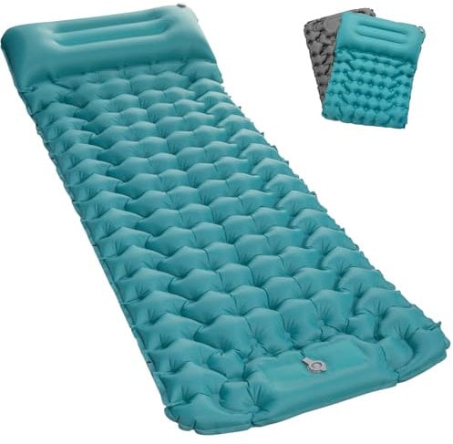 Satisure Isomatte Selbstaufblasend Wasserdicht Camping Matratze Outdoor, Ultraleicht Luftmatratze mit Fußpresse Pumpe, Faltbare Schlafmatte mit Kissen, Aufblasbarer Wasserhängematte