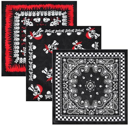 KRYMSON 3-teiliges Piraten-Bandana-Set, atmungsaktives lässiges Bandana aus reiner Baumwolle, Totenkopf-Schal, Unisex, Motorrad-Reitzubehör