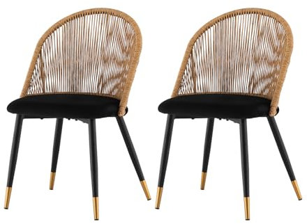 TUKAILAI Esszimmerstühle 2er Set mit Rattan,Samt, Metall,Rattansessel mit Gepolstertem Sitz, Küchenstuhl mit Armlehnen,Rattanstuhl, Polsterstuhl Stuhl,Retro-Freizeitstühle,Schwarz