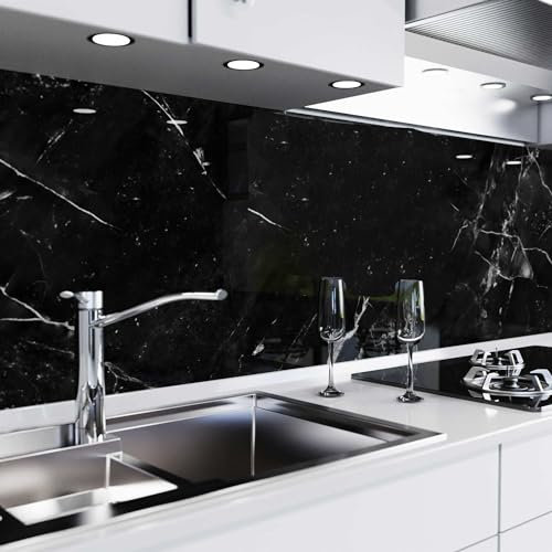 danario Küchenrückwand selbstklebend - Matt - Spritzschutz Küche - versteifte PET Folie - 0,4 mm - Marmor schwarz - 80cm x 220cm