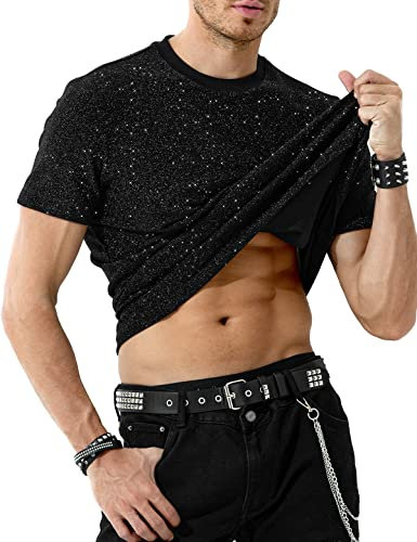 Mauro Kane Glitzer T-Shirt Herren Pailletten Kurzarm Tops Metallic Glänzend Shirt Party Oberteile Schwarz M