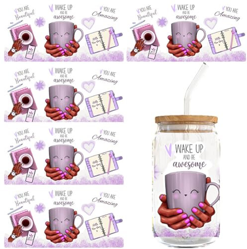 URFEDA 5pcs UV DTF Transfer Sticker Für Glas 16oz Transferaufkleber DIY Glas Tasse Aufkleber für 16oz Tasse Glasflasche Klar Film Transfer Papier Kaffeebecher Rub on Stickers Rub on Transferaufkleber