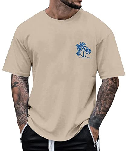 Oversized Tshirt Herren Kurzarm Rundhals Lose Sommer Oberteile Mode T-Shirt mit Los Angeles Palme Grafik T Shirts Vintage Drucken Streetwear Beiläufig Tee Shirt 2024 Tops Männer Sportshirts Beige M