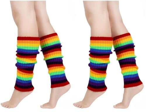 AKAMAS 2 Paar Damen Bunt Gestreifte Beinstulpen,Regenbogen Streifen Stulpen,Warm Winter Gestrickte Beinwärmer für Frauen,80s Jahre Party Kostüm Zubehör,LGBTQ Pride Stulpen,Baumwolle Kniewärmer C