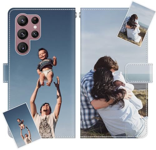 JGOYGYI Personalisierte Leder Handyhülle kompatibel mit Samsung Galaxy S22 Ultra 5G,Individuelle Eigenem Foto Bild Text Bildern Foldable Flip Klapphüllen Case hülle+Handykette
