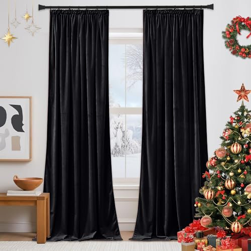 PONY DANCE Pencil Pleat Black Velvet Curtains - Thermal Blackout Curtains for Living Room/Bedroom/Nursery 2 Panels of Luxury Rod Pocket Velvet Drapes, 52x84 Inch
