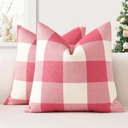 JOTOM Lot de 2 Housses de Coussin 45x45 cm de Plaid Classique de Noël Housses de Coussin Maison de Campagne Taie d'oreiller Décoratifs pour Canapé, Salon et Lit(Rose)