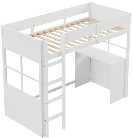 xixiworkshop Hochbett aus Holz, Sicherheitstreppe, mit Tisch, hohes Zaundesign, Einzelbett, Kinderbett, weiß，90×200cm (Weiß)
