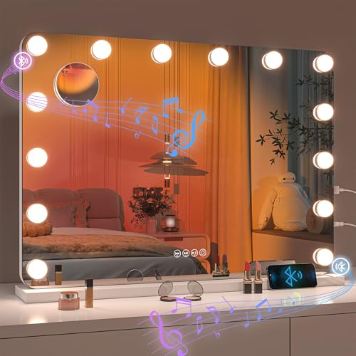 Hasipu LED Makeup Mirror with Bluetooth Speaker, 28 x 20 Makeup Mirror with Lights and Magnification, Hollywood Mirror with 3 Color Modes, LED Make up Mirror with USB & Type-C Charging