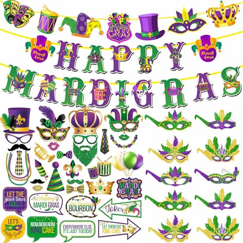 Bdecoll Mardi Gras Kostüm Zubehör Set,Mardi Gras Banner Glitzer Gold Lila und Grün Requisiten für Karneval Geburtstag Hochzeiten Silvester Abschlussfeier