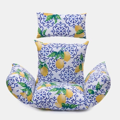 OHS Egg Chair Cushion with Headrest, Rattan Hanging Swing Chair Lemon Print Soft Thick Padded Hanging Basket Chair Cushion For Garden Indoor/Outdoor Use, Blue/Yellow