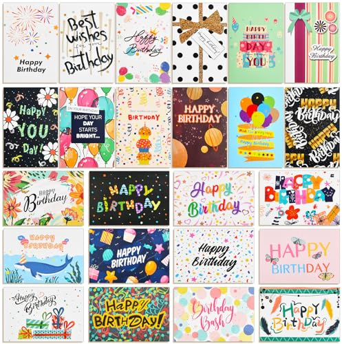 DecorDwell 24 Karten Geburtstagskarten Set mit Umschlag, Bunte Geburtstags Grusskarten, Karten Geburtstags Blanko, Postkarten Glückwunsch Geburtstag, für Partyeinladungen (Schwarz und Weiß)