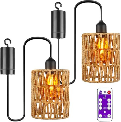 2 lámparas colgantes de ratán, E27, iluminación exterior con batería, pantalla portátil de ratán, para patio, bar, jardín, terraza, salón, dormitorio