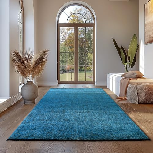 Teppium Baumwolle Chenille Teppich Blau 140x200 cm Waschbar, Boho-Stil, Vintage Kelim, Kurzflor, rutschfest & Weich, Einfarbig Meliert, Für Wohnzimmer, Schlafzimmer, Büro & Küche