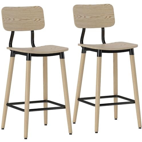 HOMCOM Lot de 2 tabourets de Bar, chaises de Bar, Structure en Acier, Chaise Haute Cuisine avec Dossier, Hauteur réglable et Repose-Pieds, Pieds en Acier, Hauteur du 94 cm, Effet Bois Naturel