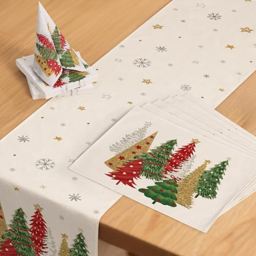 ZWJD Weihnachts Tischdeko Set 1x Tischläufer 40x180 cm, 6x Platzsets & 2x Packung Papierservietten (40 Stück) Beige mit Weihnachtsbaum & Schneeflocken Festliche Deko für Winter, Esszimmer & Wohnzimmer