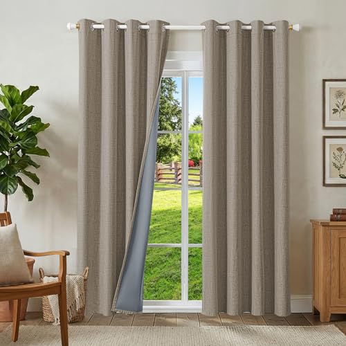 Runyéla 100% Verdunklungsvorhänge Leinen Gardinen mit Ösen 2er Set, Thermovorhang Hitzeschutz H 200 x B 140, Leinenoptik Vorhänge Blickdicht Schallschutz für Schlafzimmer Wohnzimmer