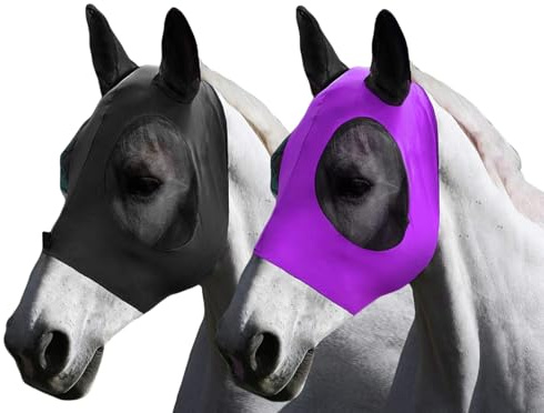 GWAWG 2-pack hästflugmask, hästflugmask, stort ögonutrymme med öron, flygfransar för häster, komfort stretchy UV-skydd för häst