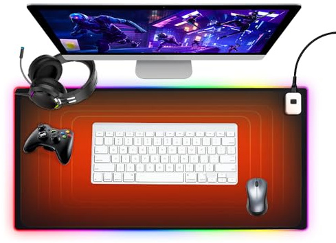 mizikuu RGB Tapis de Souris Chauffant, 80x40 cm 7 Niveaux de Chauffage Arrêt Automatique de 1-8 Heures 7 Effets D'éclairage LED Hydrorésistant Étanche Antidérapant Gamer Ordinateur PC Résistant