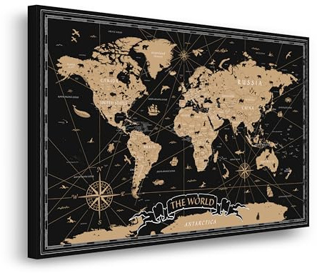 HJ KIDS Weltkarte zum Pinnen 120×80 cm – Kork-Pinnwand mit Pins & englischer Beschriftung – Reise-Weltkarte zum Markieren von besuchten Ländern – Wanddeko Leinwandbild für Wohnzimmer & Kinderzimmer
